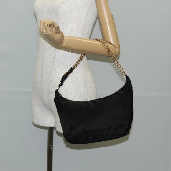 PRADA Chain Shoulder Bag Nylon Black Gold Auth 141036V - Picture 1 of 16